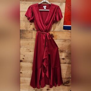 Nicole Miller Elegant Red Wrap Maxi Dress with Flutter Sleeves
